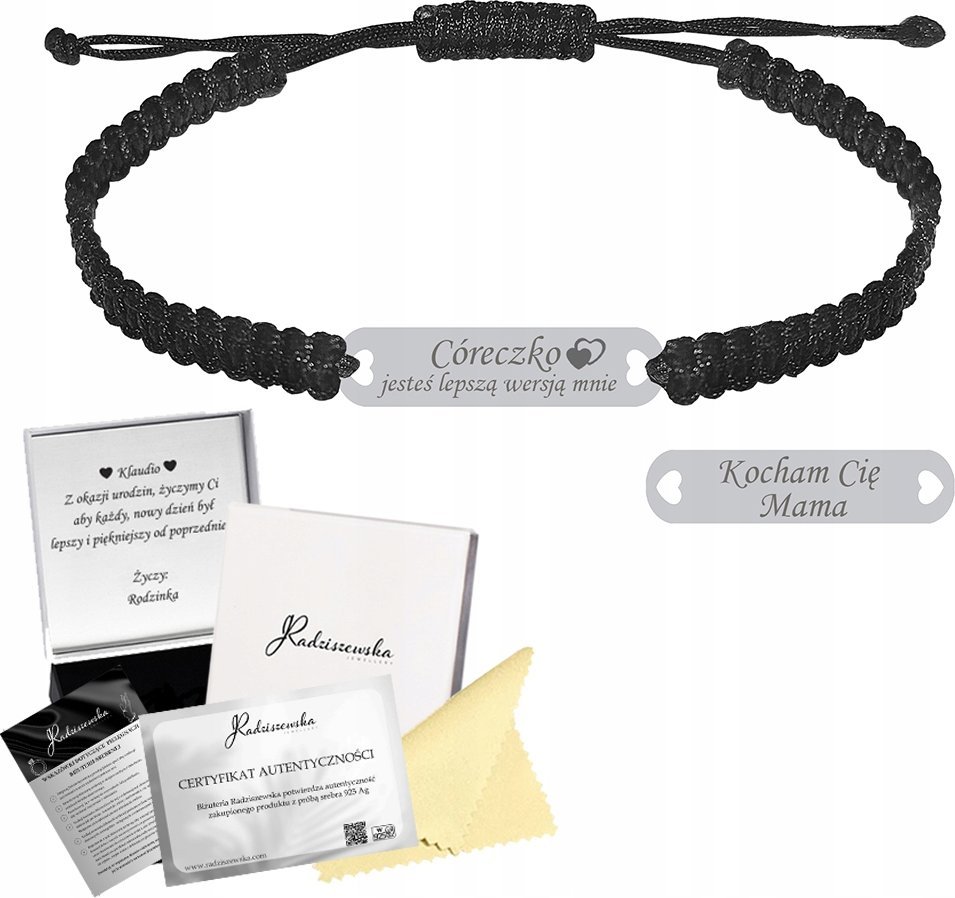 Radziszewska Jewellery Bransoletka Srebrna dla Córki Blaszka Srebro 925 Grawer Makrama Prezent