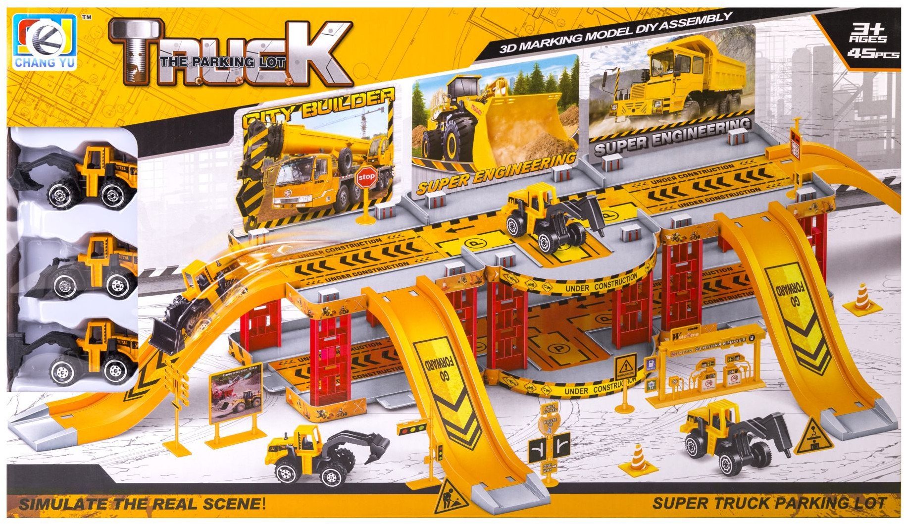 Parking garaż dla pojazdów budowlanych w zestawie z 3 autkami