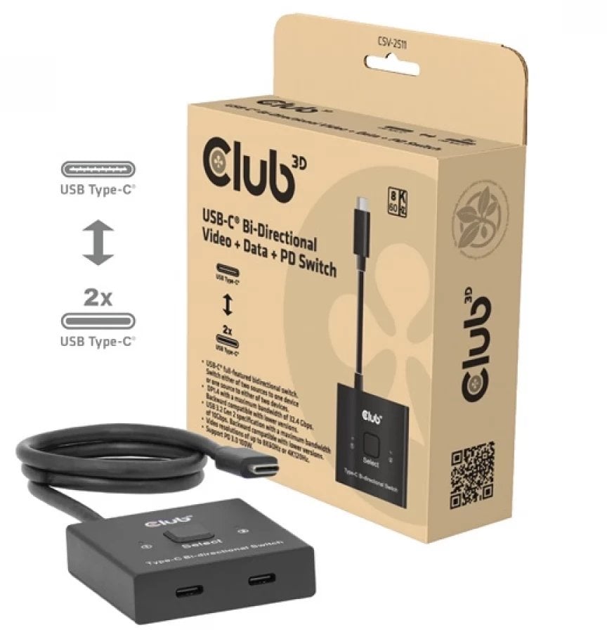 Club3D Switch, USB-C na 2xUSB-C Oboustranný 2v1, 8K60Hz, 4K120Hz, PD 100W