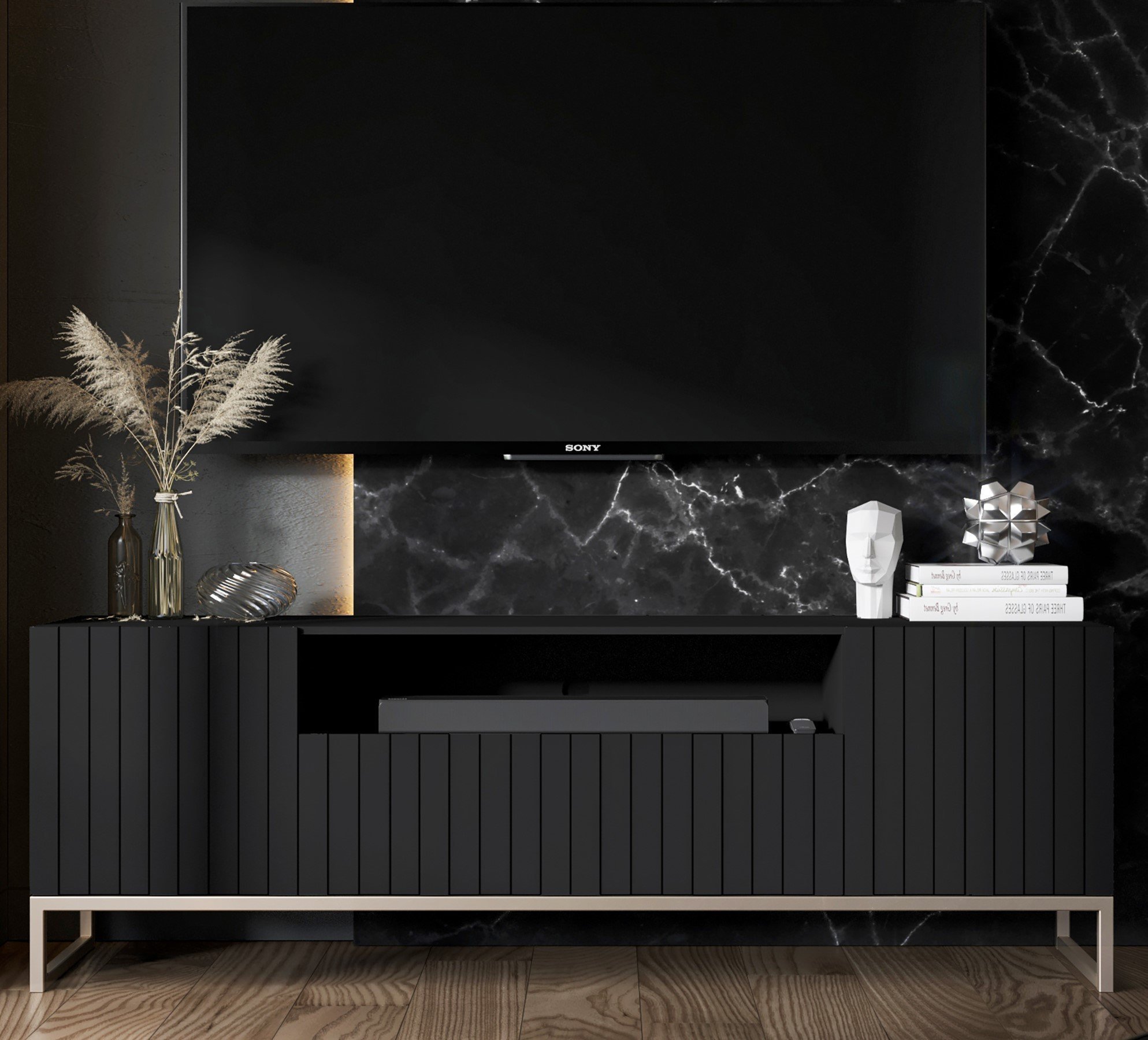 Meble Lindner Szafka RTV Glamour Komoda RTV Elpis 2 Glamour Czarny 150 cm