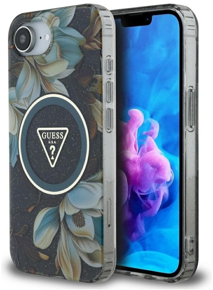 Case Guess IML Metal Glitter Flowers Triangle MagSafe for iPhone 16e black