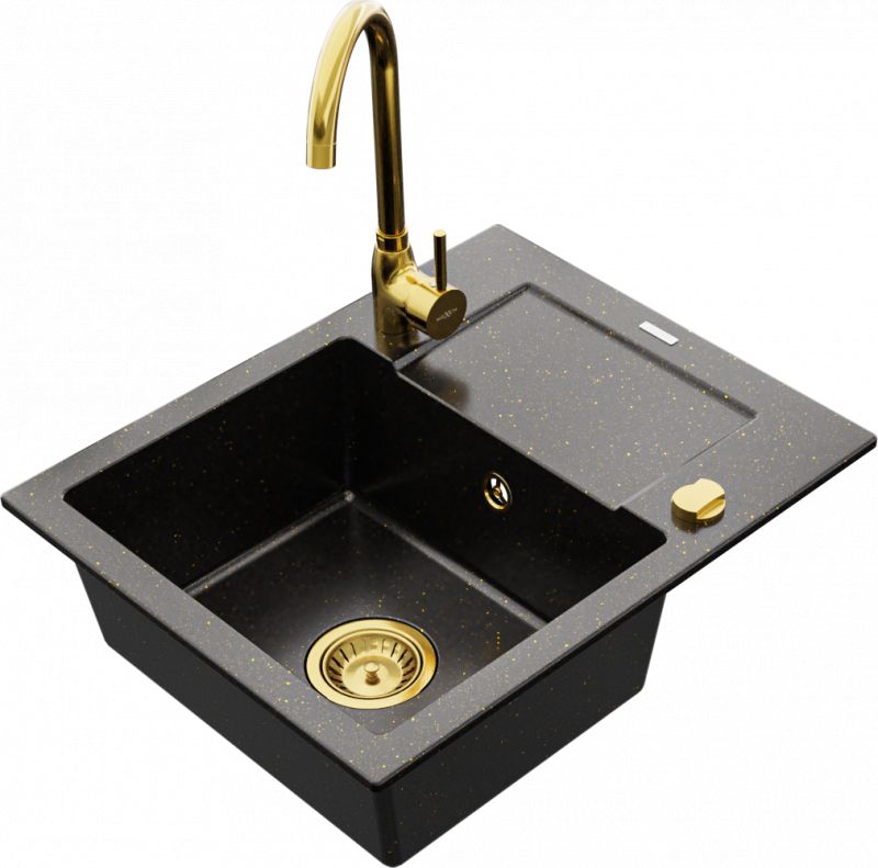 Zlewozmywak Mexen Mexen Enzo zlewozmywak granitowy 1-komorowy z ociekaczem i baterią kuchenną Telma, czarny/złoty - 6506-75-670200-50