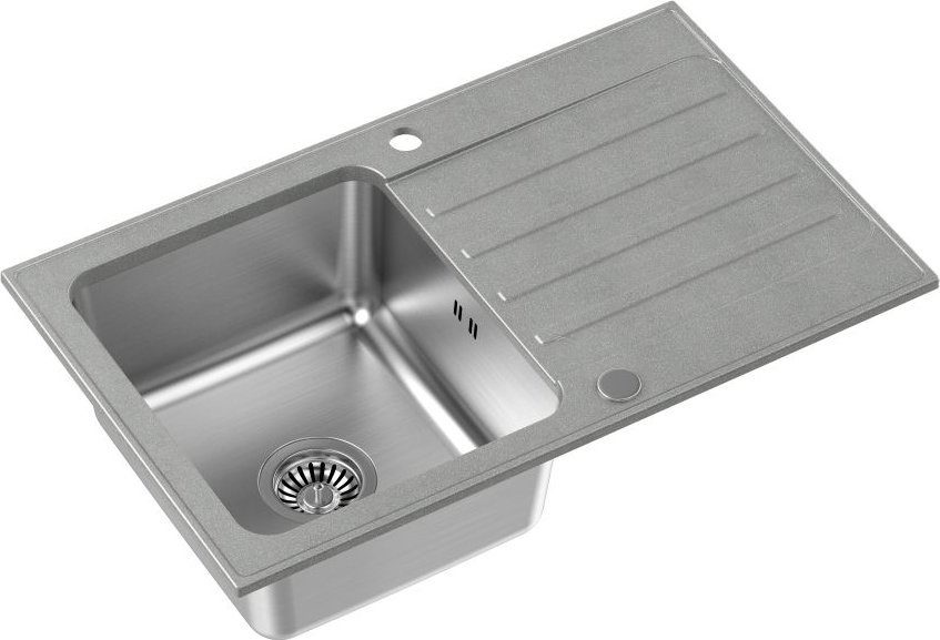 Zlewozmywak Steiner KENNETH 111 Fusion GraniteQ silver stone z komorą stalową (780x480x190) z syfonem manualnym i zaślepką