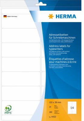Herma Naklejki adresowe dla maszyn do pisania, biały, 102 x 38 mm, 280 etykiet (4433)