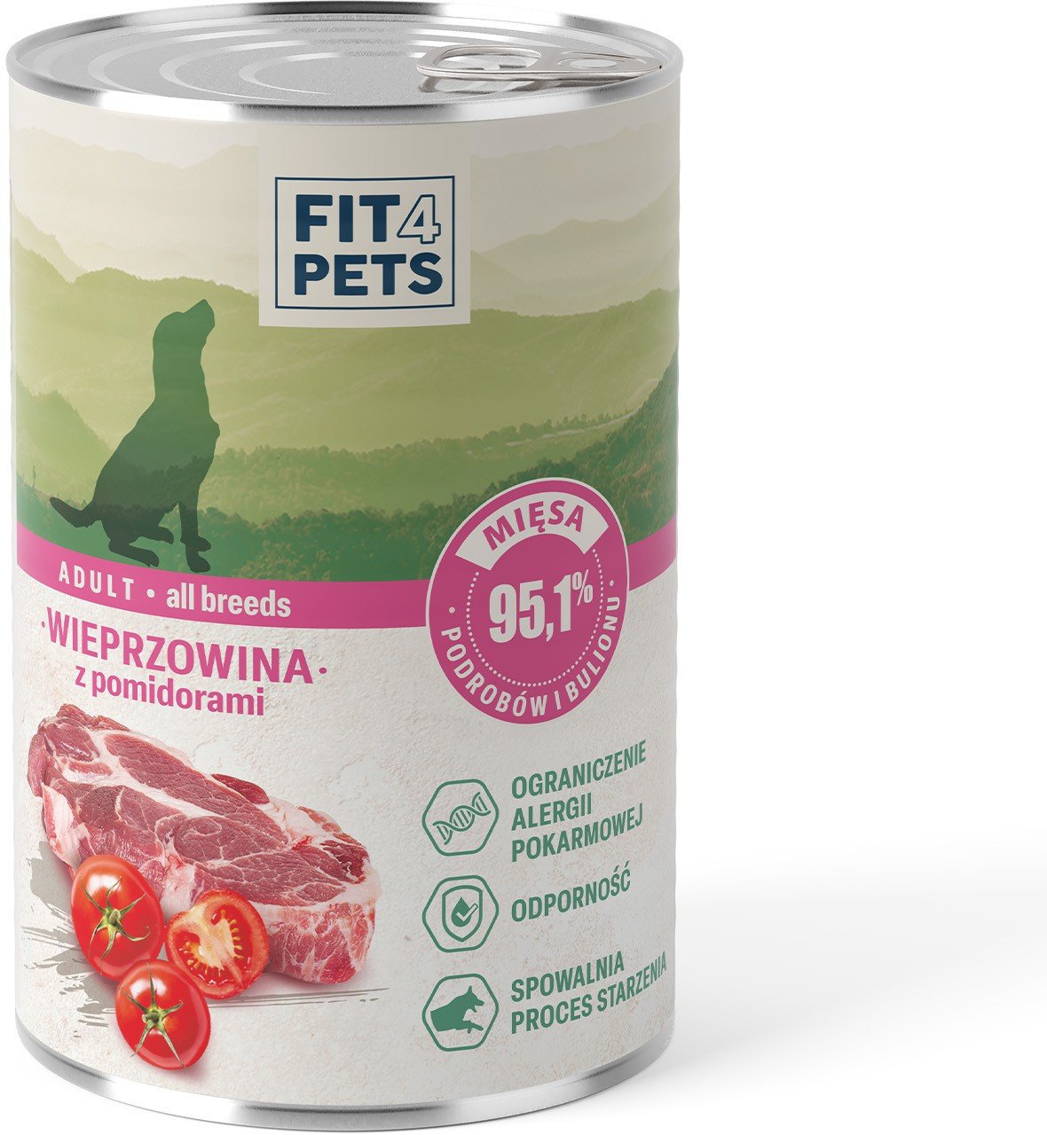 Karma dla psa pełnoporcjowa Fit4Pets wieprzowina z pomidorami 400g 12 szt.