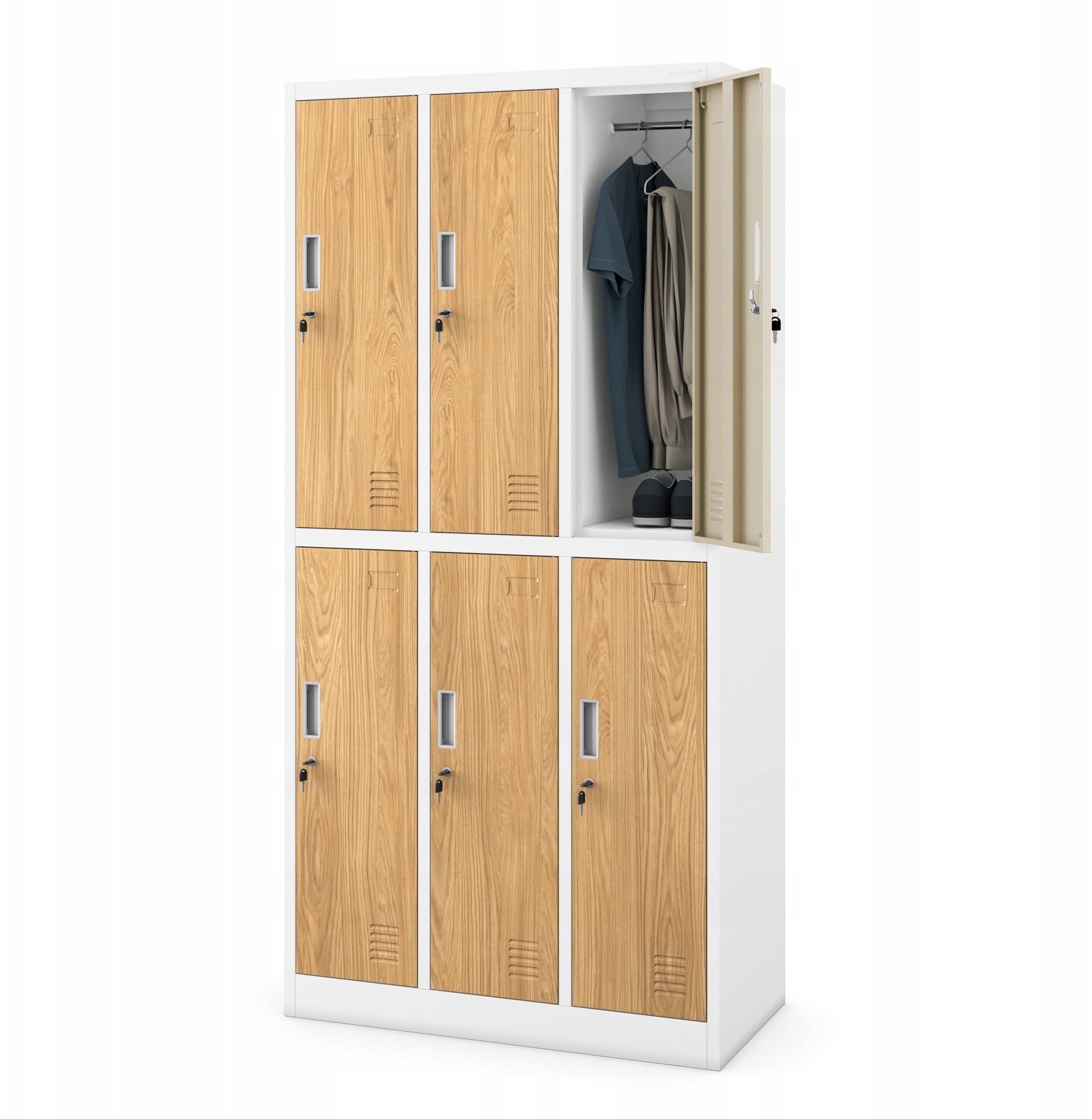 Jan Nowak Szafka pracownicza socjalna biała/złoty dąb: Eco* Design 6-drzwiowa IGOR