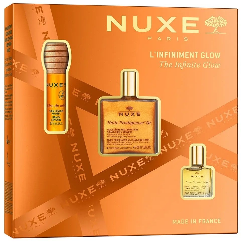 Nuxe The Infinite Glow zestaw miodowy olejek do ust 10ml + suchy olejek z drobinkami 50ml + suchy olejek 10ml