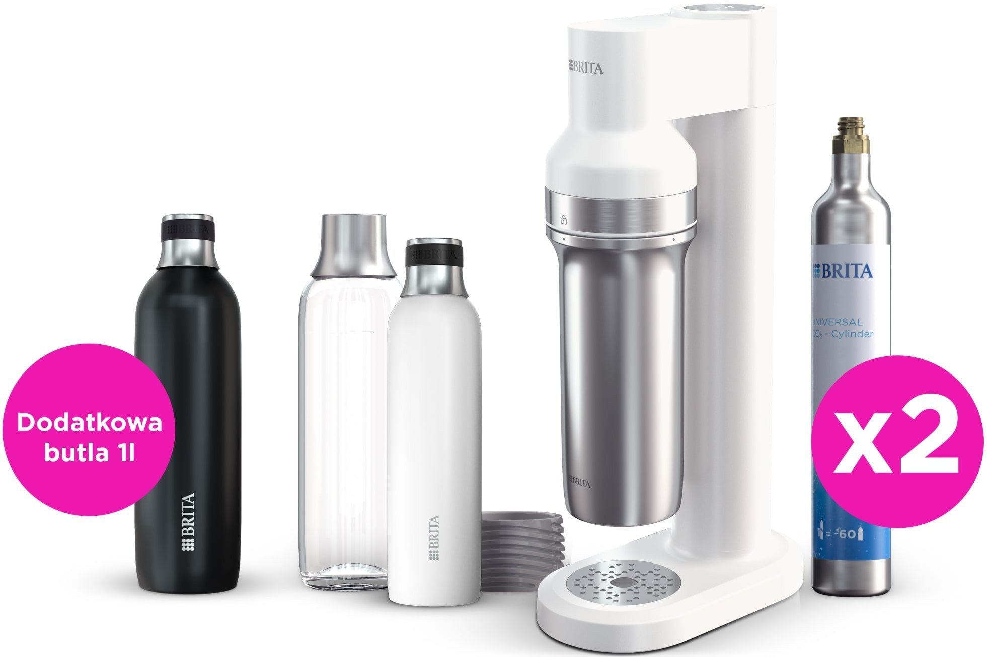 Saturator Brita sodaTRIO Biały + Dodatkowa butla CO2 + Butelka izolowana 1l czarna