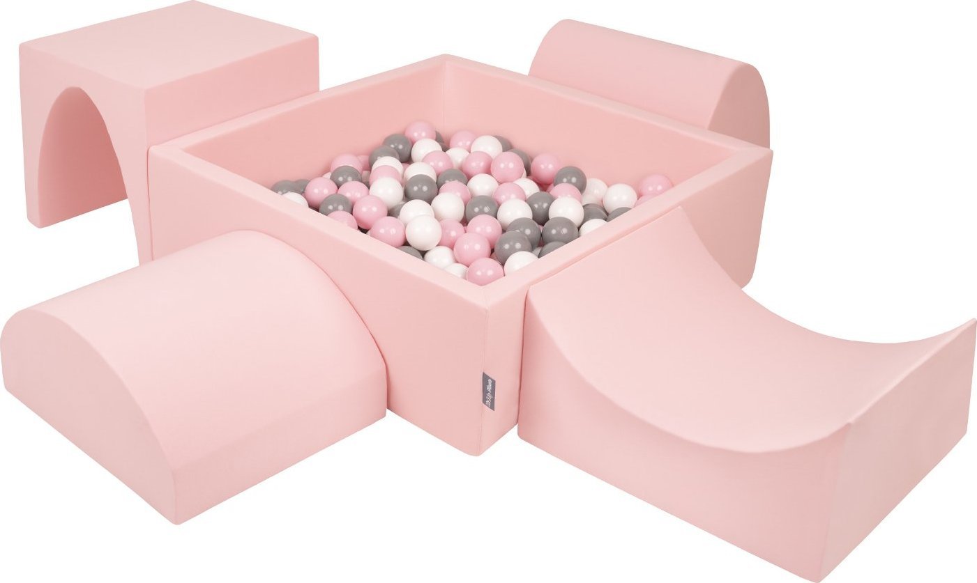 KiddyMoon Piankowy plac zabaw PPZP-KW30D-135 z piłeczkami różowy: biały-szary-pudrowy róż basen 200/górka/tunel/rampa L/półwałek L Zabawka plac zabaw