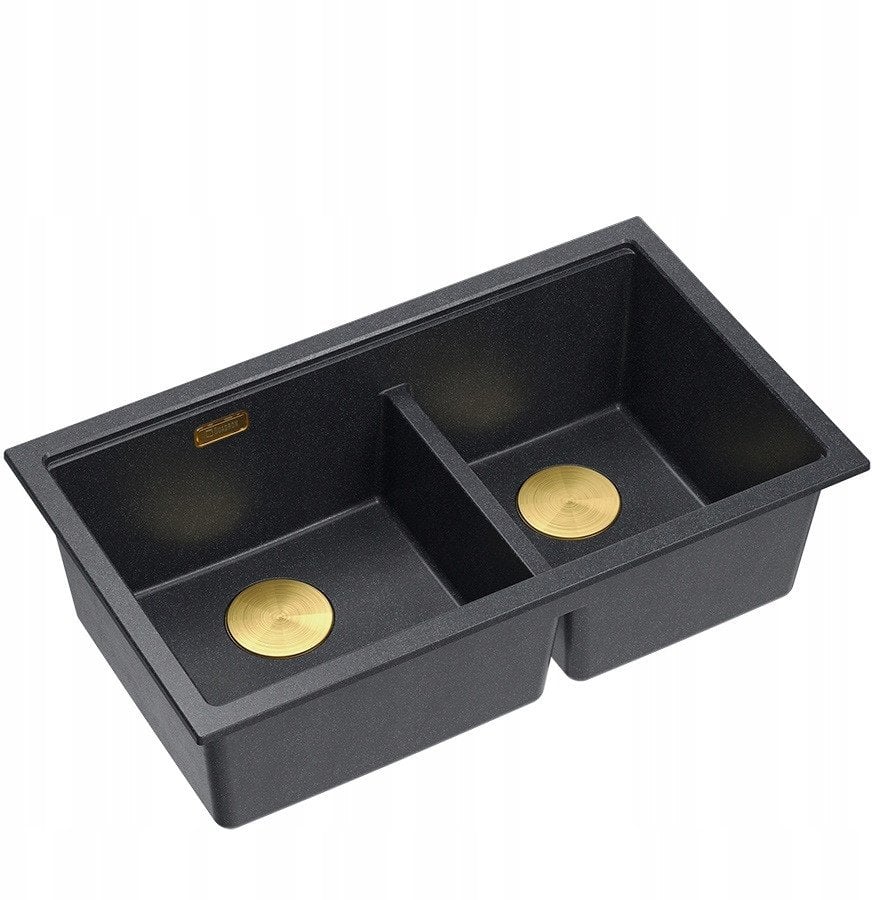 QUADRON | LOGAN 120 | granitowy zlewozmywak kuchenny BLACK DIAMOND + ZŁOTO PVD | wymiar: 76 x 45 x 23,5 cm | 2-komorowy podwieszany | podbudowa szafki