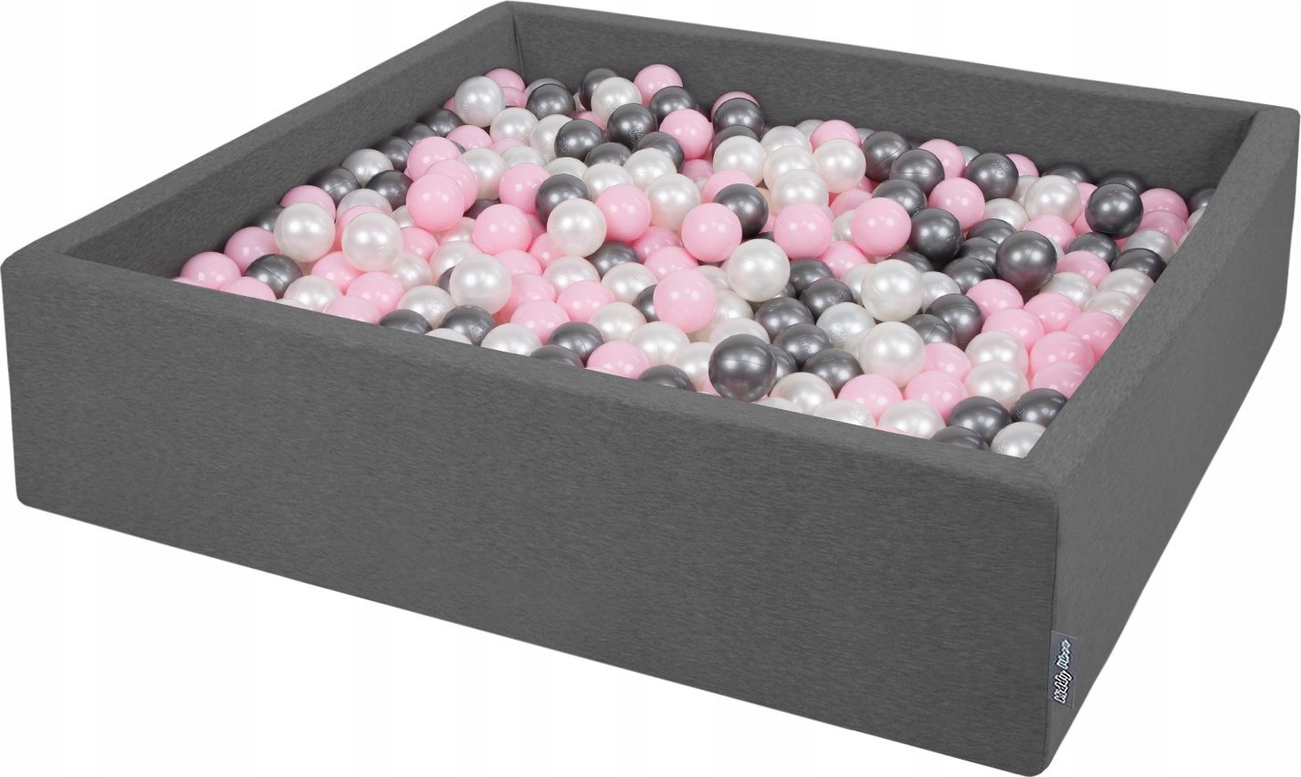KiddyMoon Suchy basen kwadratowy z piłeczkami 7cm 120x30 ciemnoszary: perła-pudrowy róż-srebrny 120x30/200piłek Zabawka basen piankowy