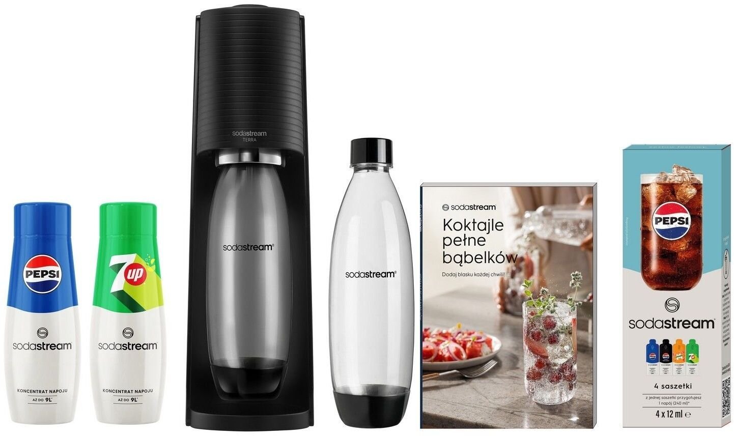 Saturator Sodastream Terra + 2 butelki + gaz Czarny + syrop Pepsi, 7Up + książka + zestaw saszetek