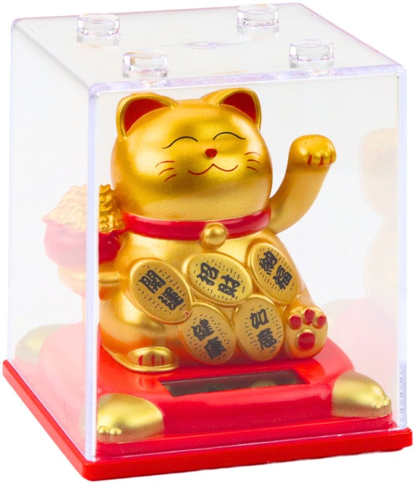 Chiński Kot Szczęścia W Gablocie Figurka Solarna Ozdoba Złoty