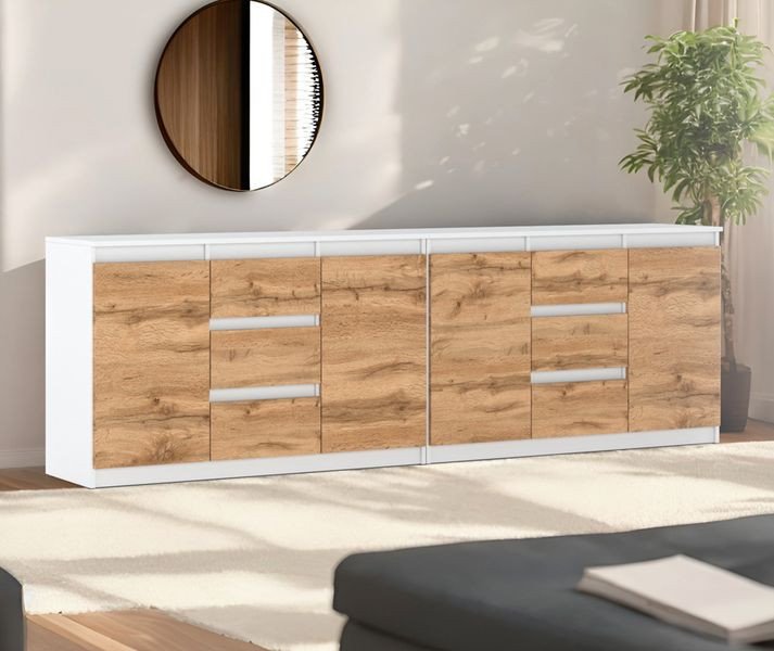 Komoda Szafka Nowoczesna 6 Szuflad Biała Dąb Wotan Skandynawska 240cm Salon