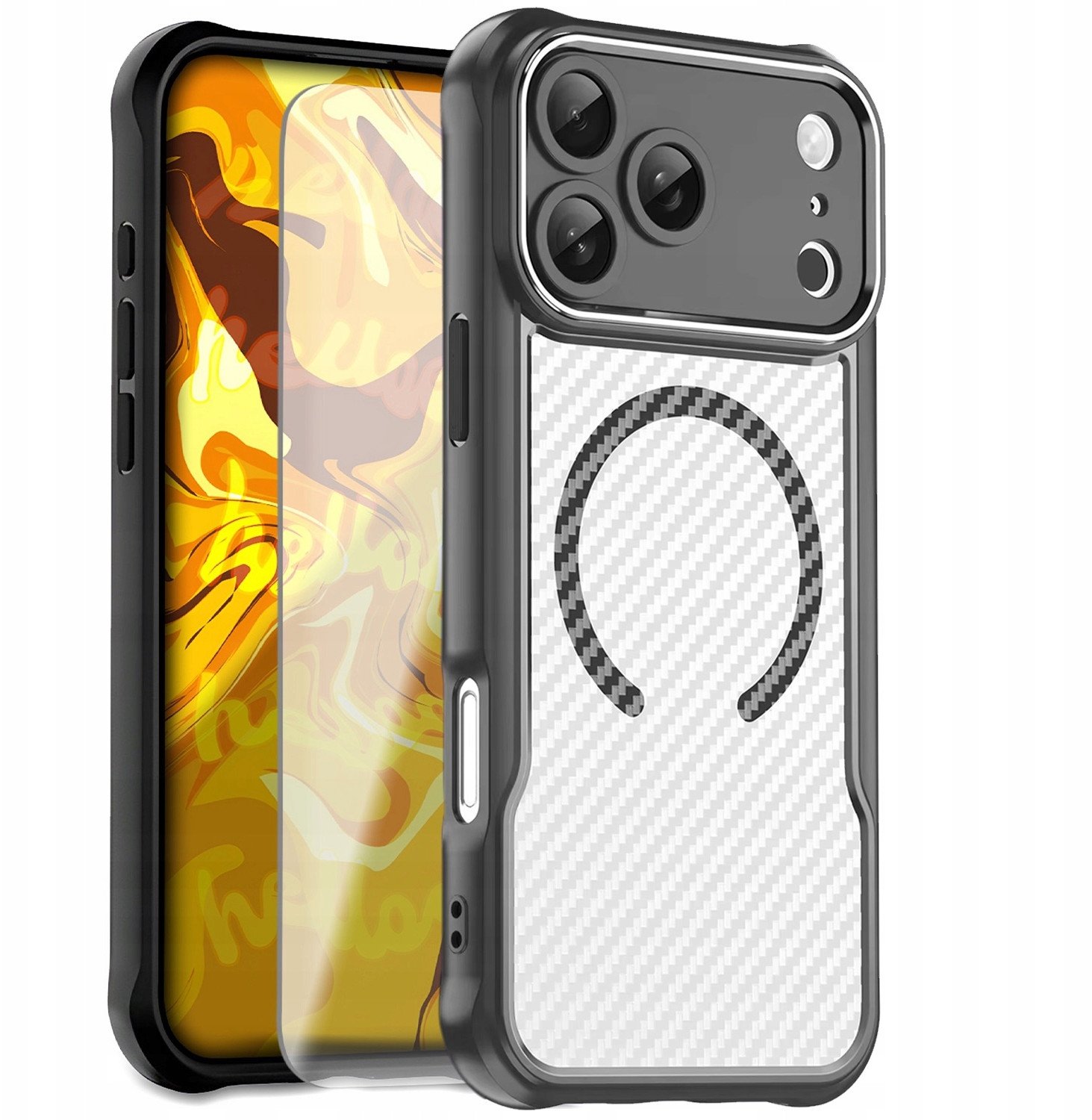 4kom.pl Etui Pancerne do iPhone 17 Pro Max (Do Magsafe, Węglowy, Czarny) Szkło 9H