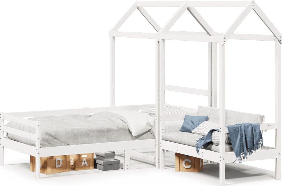 vidaXL vidaXL Łóżko dzienne z ławką i daszkiem, białe, 90x200 cm, sosnowe