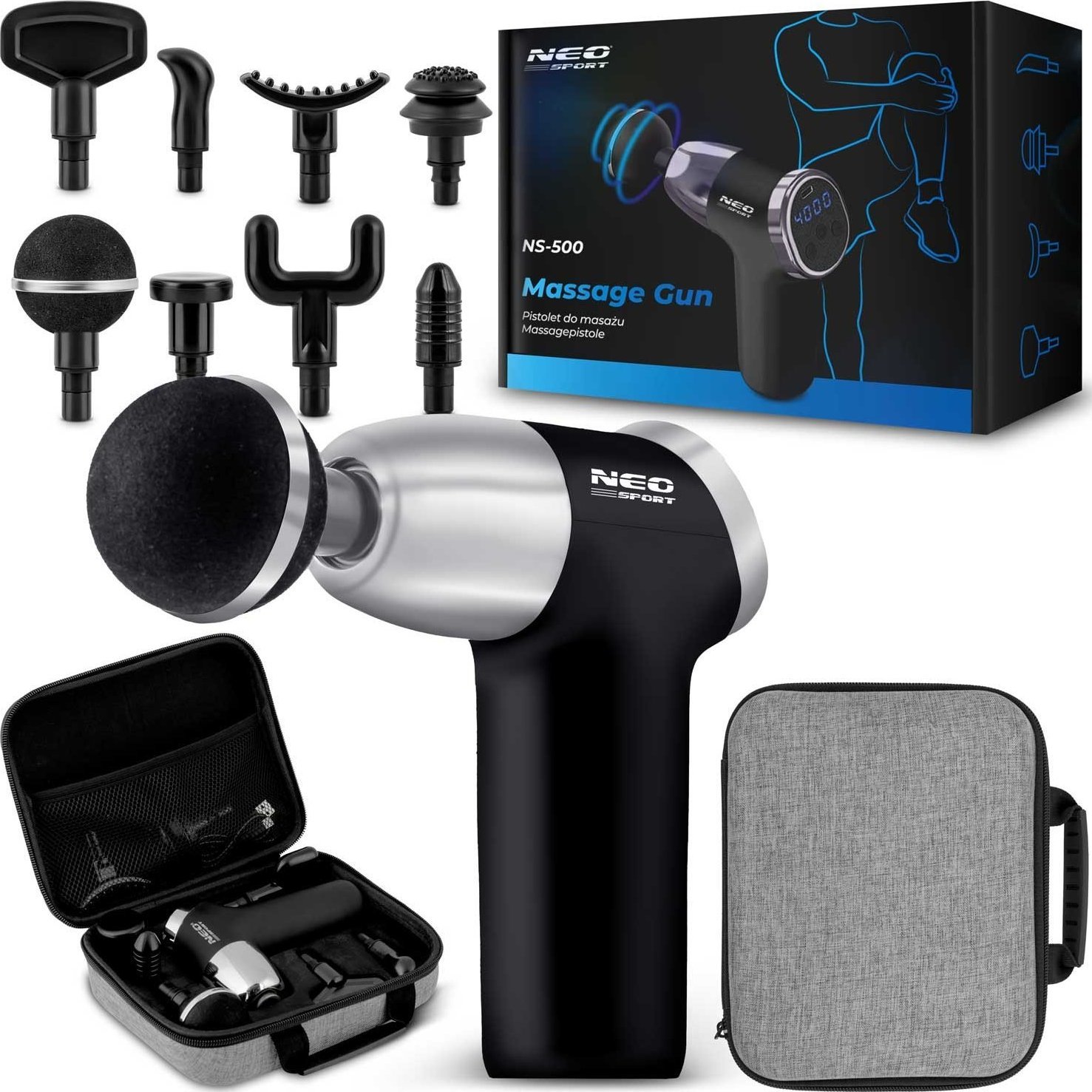 Masażer Neo-Sport Pistolet do masażu ciała 8 nakładek NS-500 Neo-sport czarny