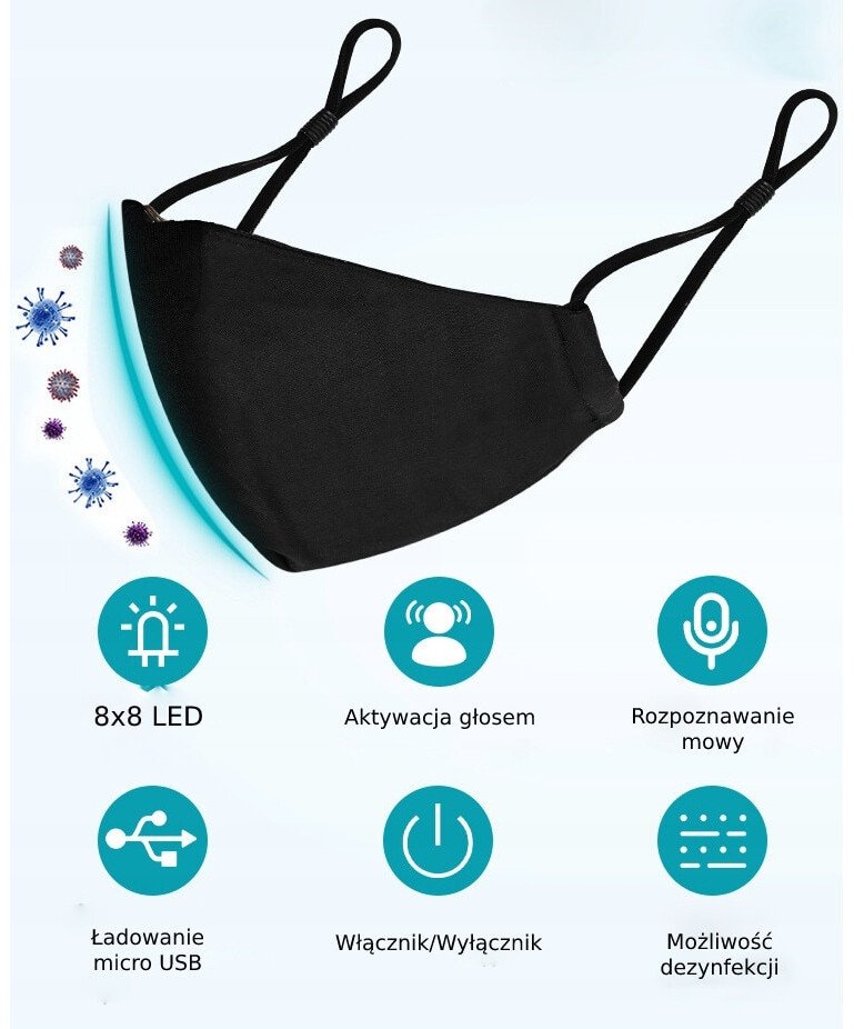Maska LED Rozpoznawanie GŁOSU USB PM2.5 N95 FFP2