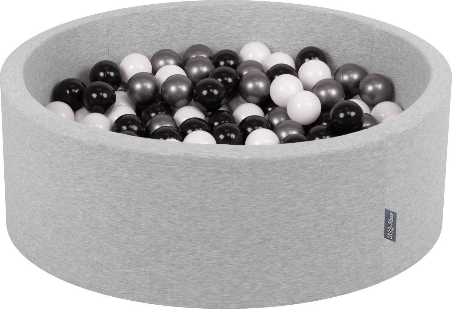 KiddyMoon KiddyMoon Suchy basen okrągły z piłeczkami 7cm jasnoszary: biały-czarny-srebrny 90x30cm/300piłek Zabawka basen piankowy