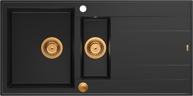 Zlewozmywak GraniteQ EVAN 156 GraniteQ zlewozmywak z syfonem Push To Open 1,5-komorowy z/o (1000x500x210; kom. 420x480) pure carbon / elementy miedzia