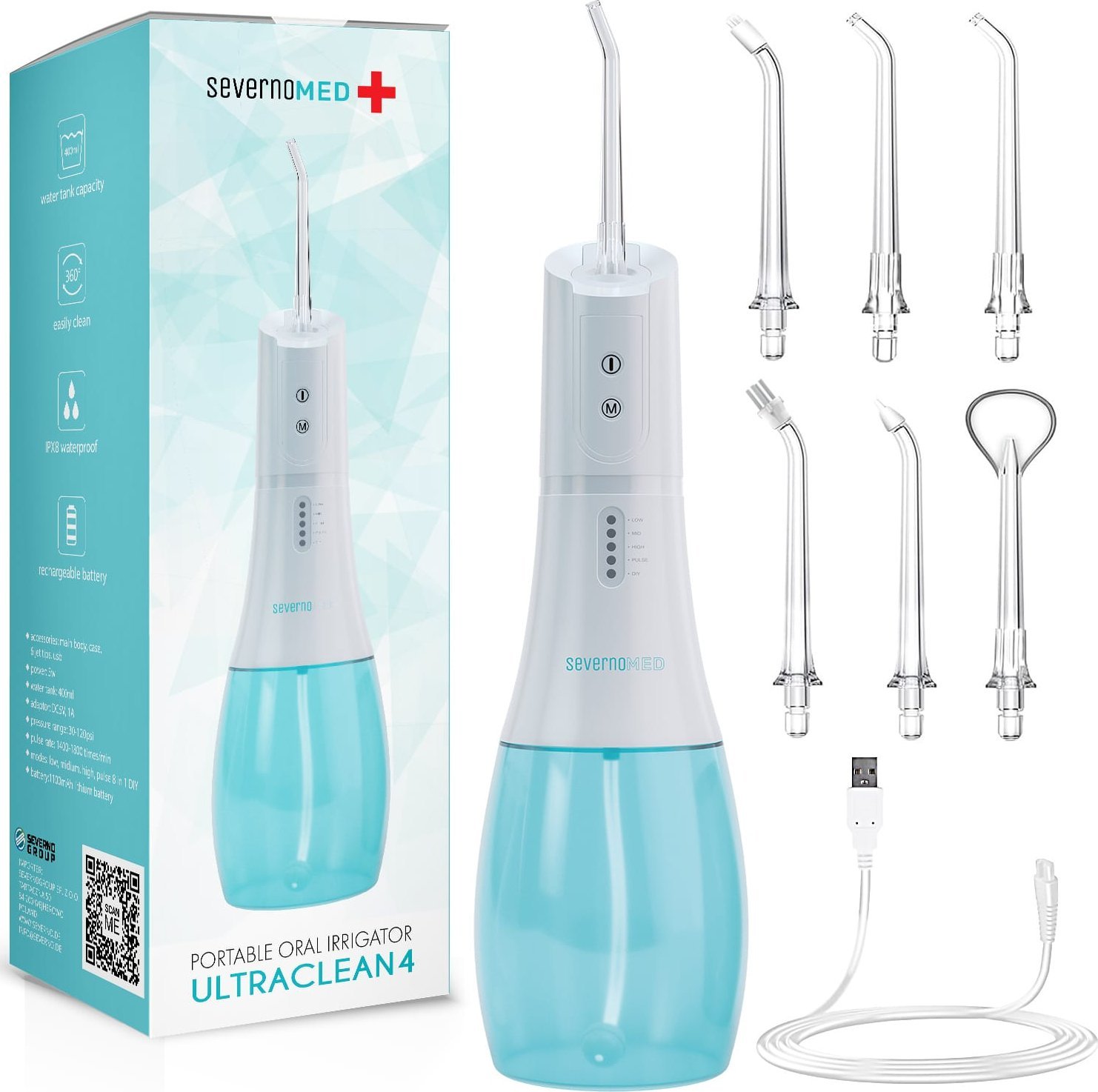 Irygator Severno Irygator dentystyczny do zębów i jamy ustnej bezprzewodowy ULTRACLEAN 4 + 6 końcówek