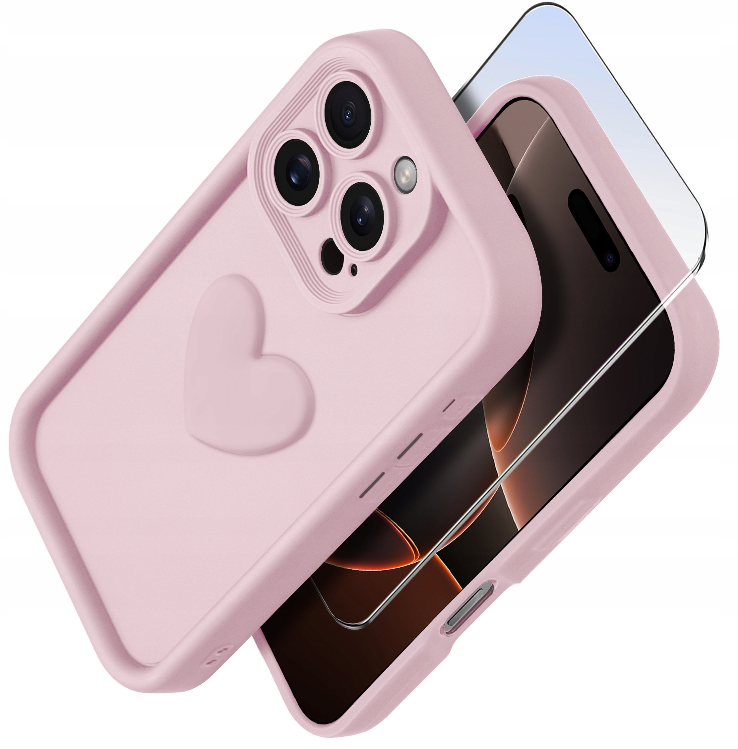 Etui do iPhone 16 Pro silikonowe MATOWE serce + Szkło ochronne na ekran 9H