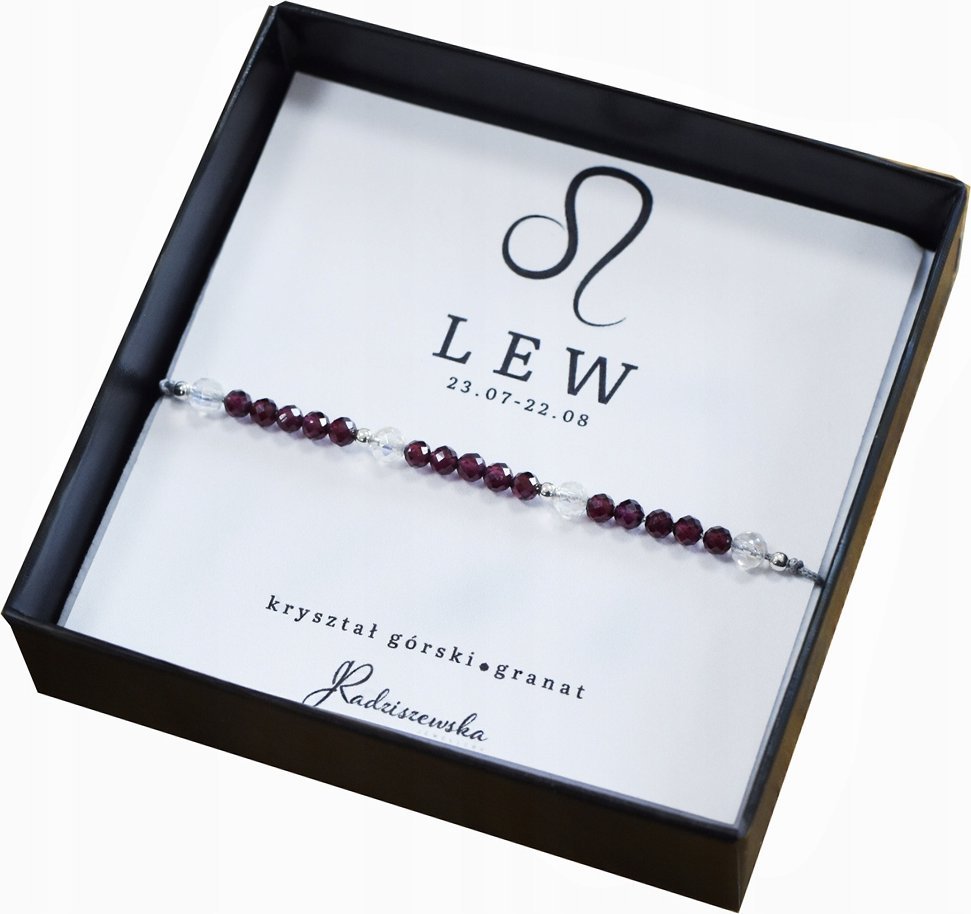 Radziszewska Jewellery Bransoletka z kamieni LEW Znak Zodiaku Granat Kryształ Górski 925 Prezent