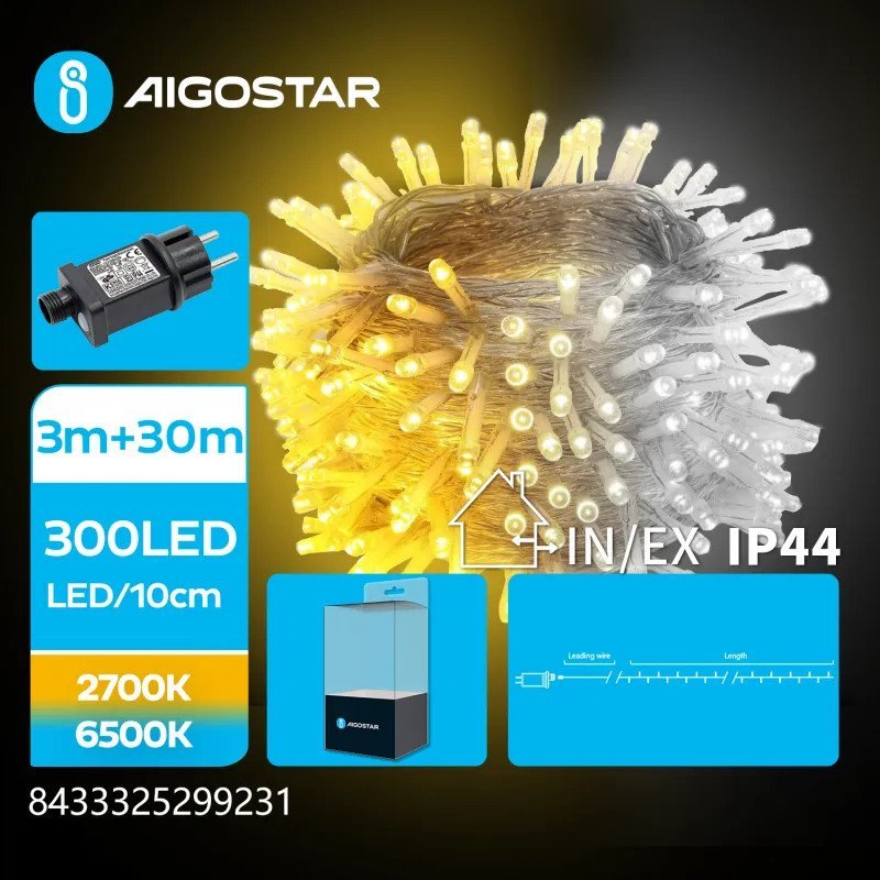 Lampki choinkowe Aigostar Sznur ciepłych i zimnych lampek led 30mb 300led Ip44 z zasilaczem Sznur ciepłych i zimnych lampek led 30mb 300led Ip44 z za