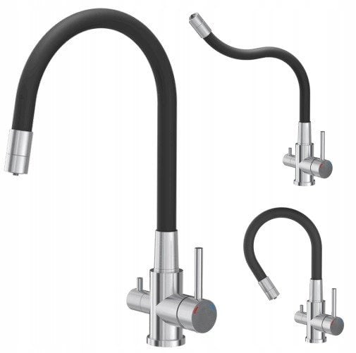 AGNES SteelQ stalowa bateria kuchenna trójdrożna z elastyczną wylewką, stalowa