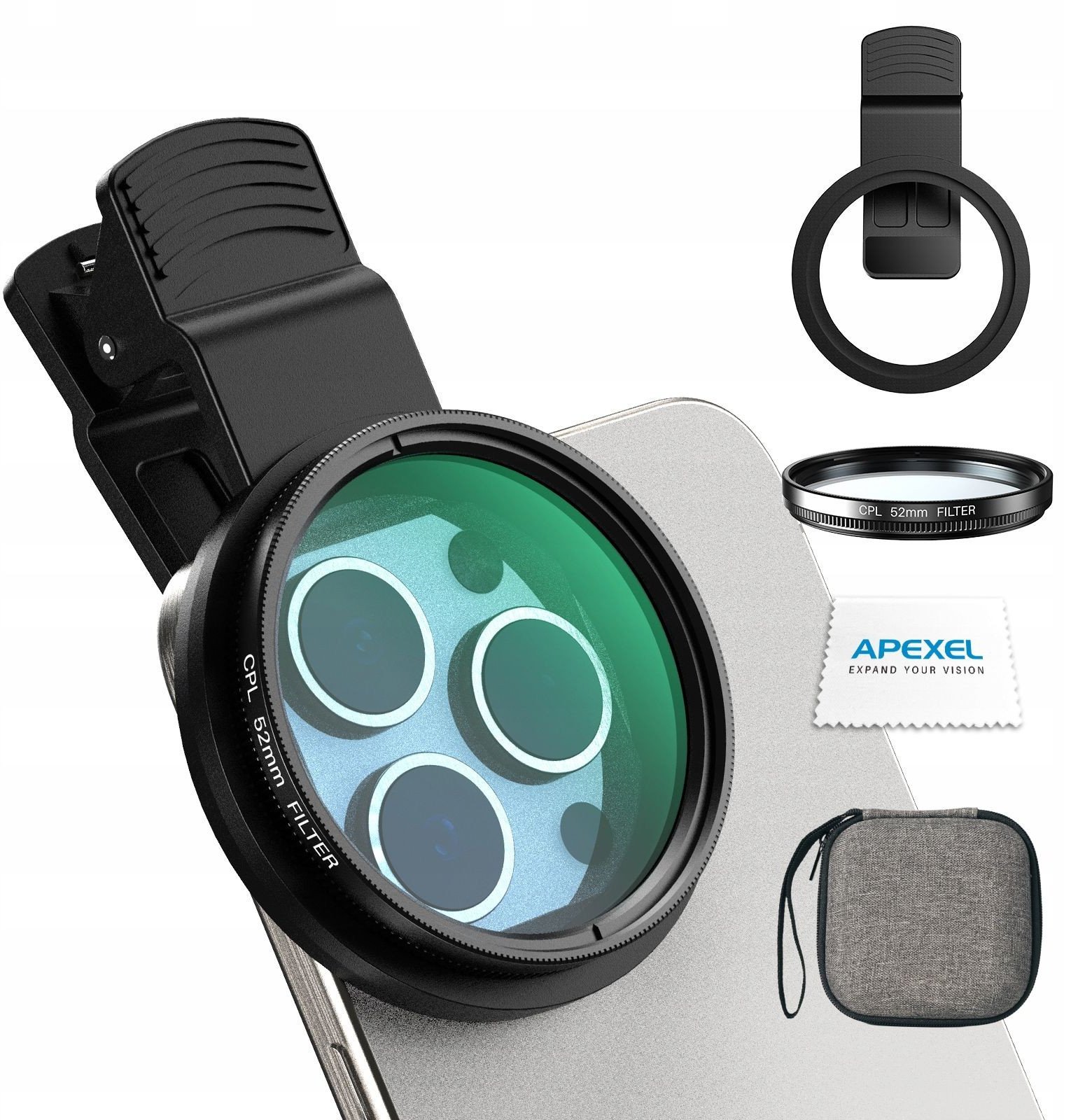 Obiektyw Filtr CPL Polaryzacyjny 52mm do Telefonu Smartfona APEXEL + KLIPS / APL-52-CPL