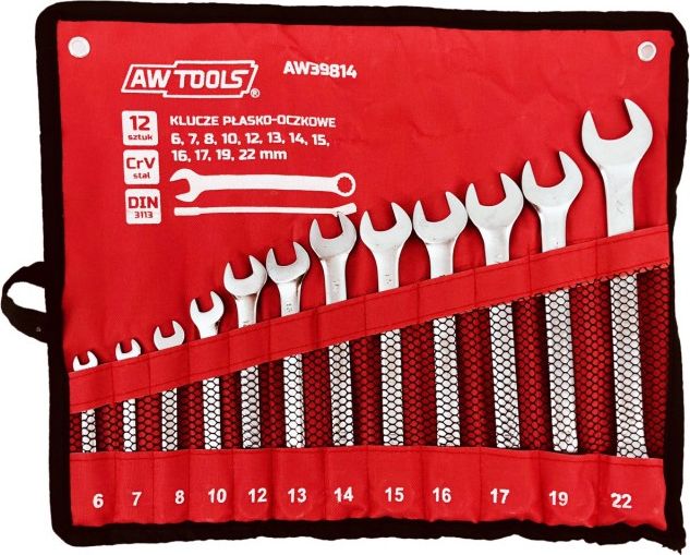 AWTools klucz komplet płasko-oczkowe 12 sztuk, 6mm-22mm, matowe 6,7,8,10,12,13,14,15,16,17,19,22 (AW39814)