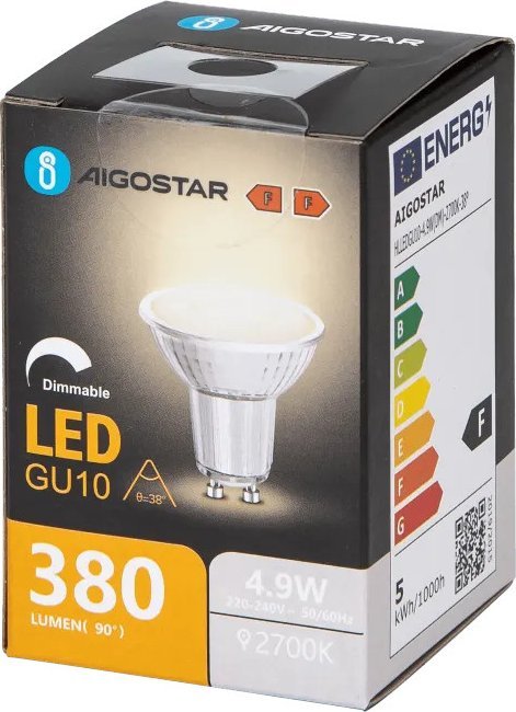 Aigostar Żarówka LED GU10 4,9W 2700K z możliwością ściemniania i szklanym kloszem LED GU10 4,9W 2700K z możliwością ściemniania i szklanym kloszem