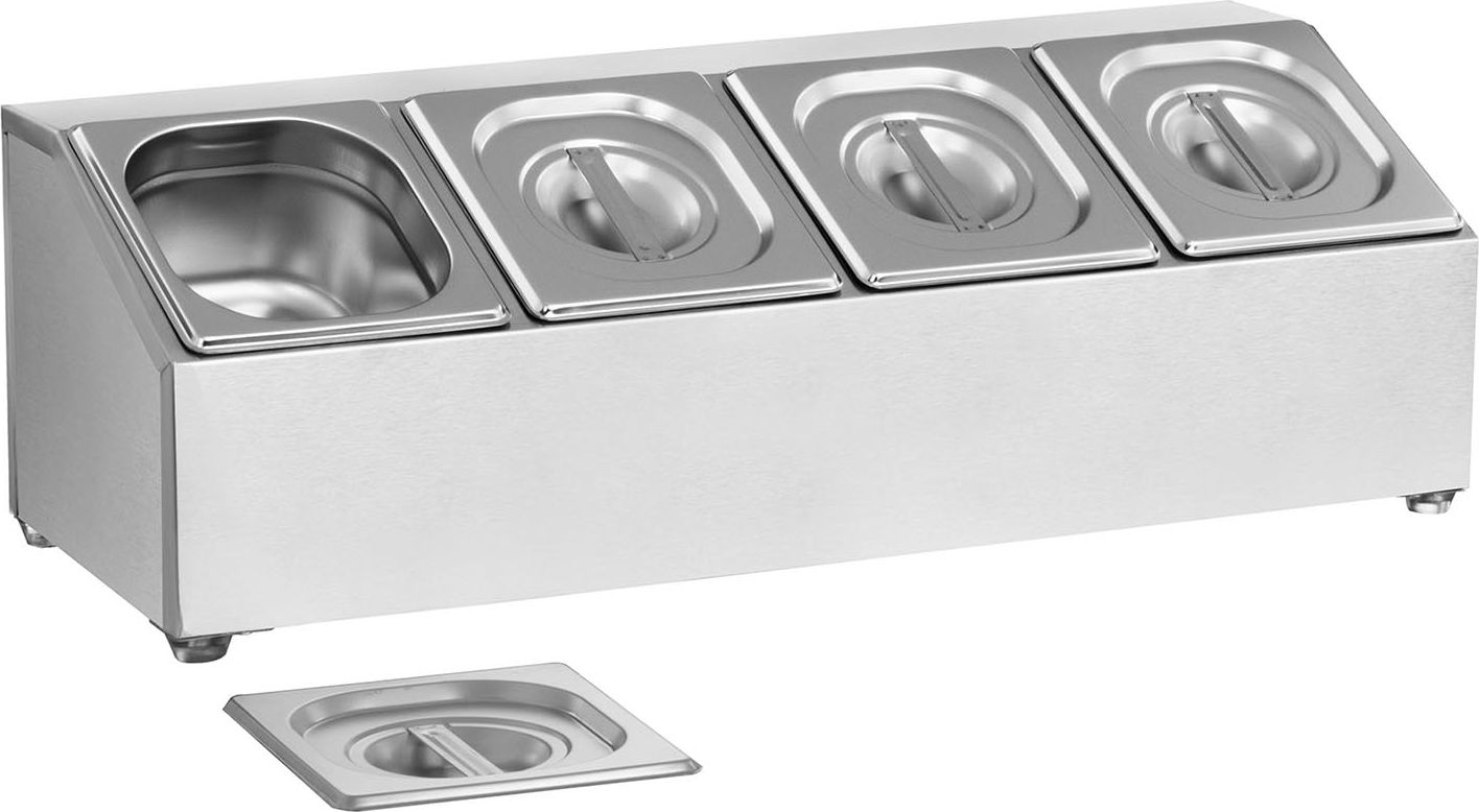 Royal Catering Ekspozytor stojak na pojemniki gastronomiczne 4 x GN1/6 + 4 x Pojemniki Ekspozytor stojak na pojemniki gastronomiczne 4 x GN1/6 + 4 x P