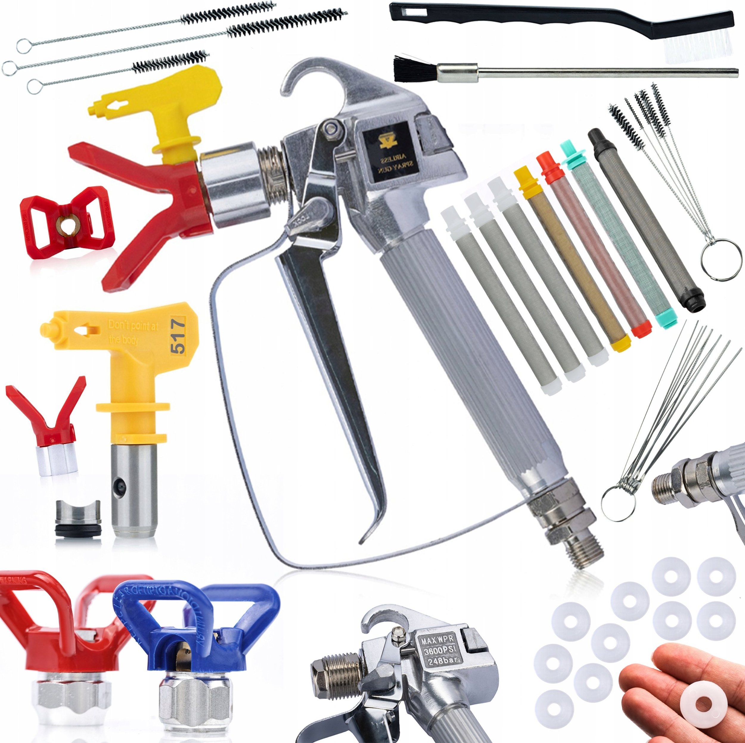 Rosfix Pistolet malarski do agregatu z dyszą 517 + Osłona stal nierdzewna + Filtry paluszkowe 30/60/70/100/200 mesh+ 10x uszczelka + Zestaw czyszczący