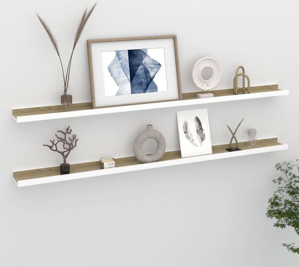 vidaXL Półki ścienne, 2 szt., biel i dąb sonoma, 115x9x3 cm