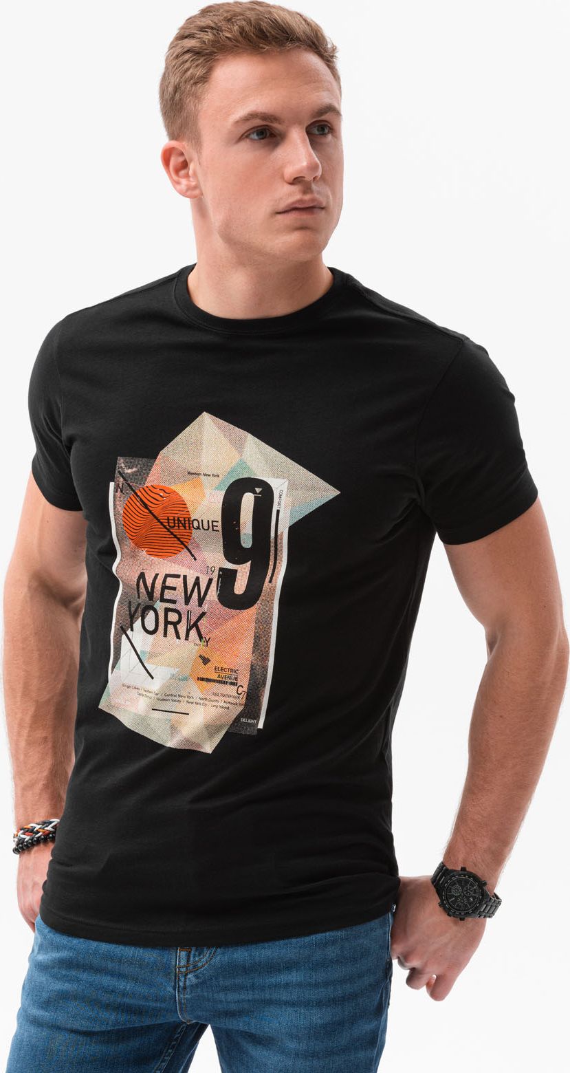 Ombre T-shirt męski z nadrukiem S1434 V-16B - czarny XXL