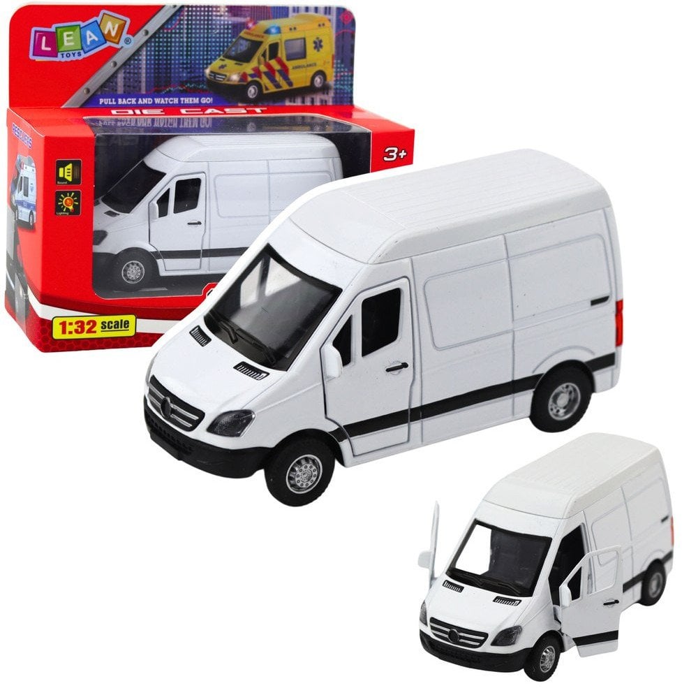 Samochód Dostawczy Metalowy Z Napędem Pull Back Światła Dźwięki Biały 1:32 LEAN Toys