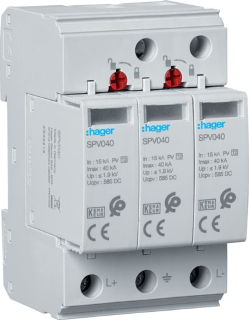 Hager Ogranicznik przepięć C Typ 2 PV 3P In 15kA Imax 40kA 3,7kV 1000V DC (SPV340)