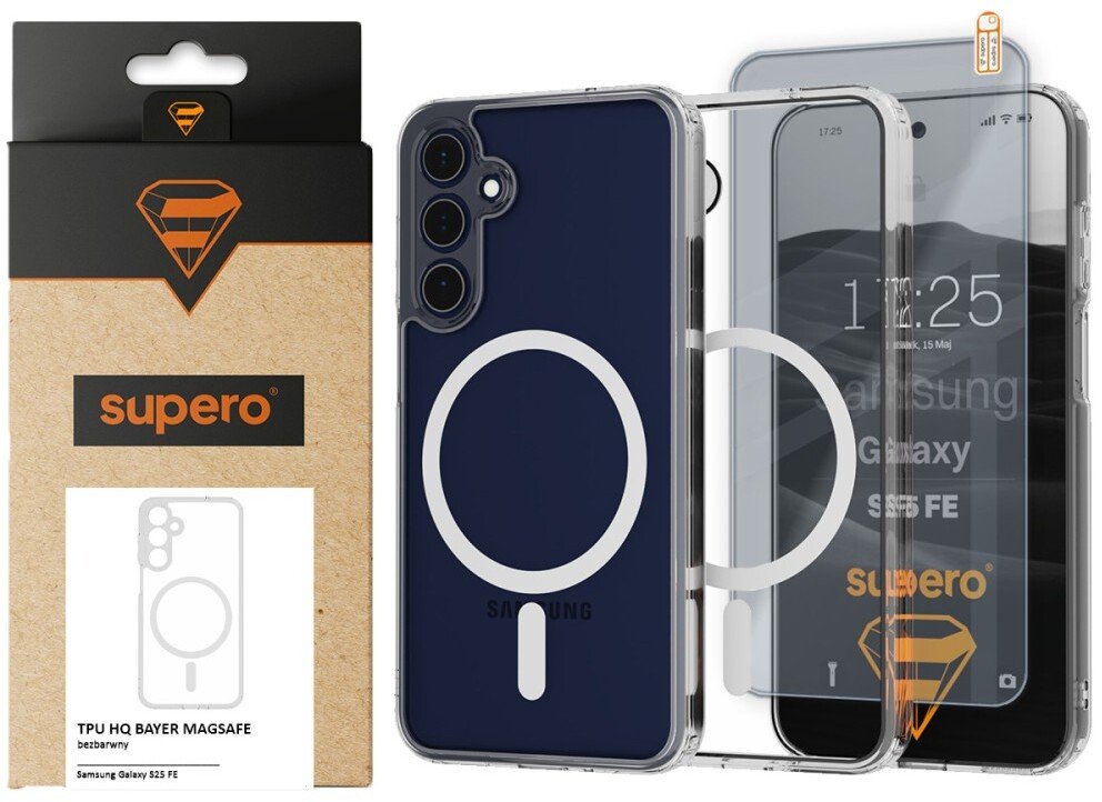 SUPERO Etui TPU HQ Bayer MagSafe do Samsung Galaxy S25 FE, przezroczyste + szkło