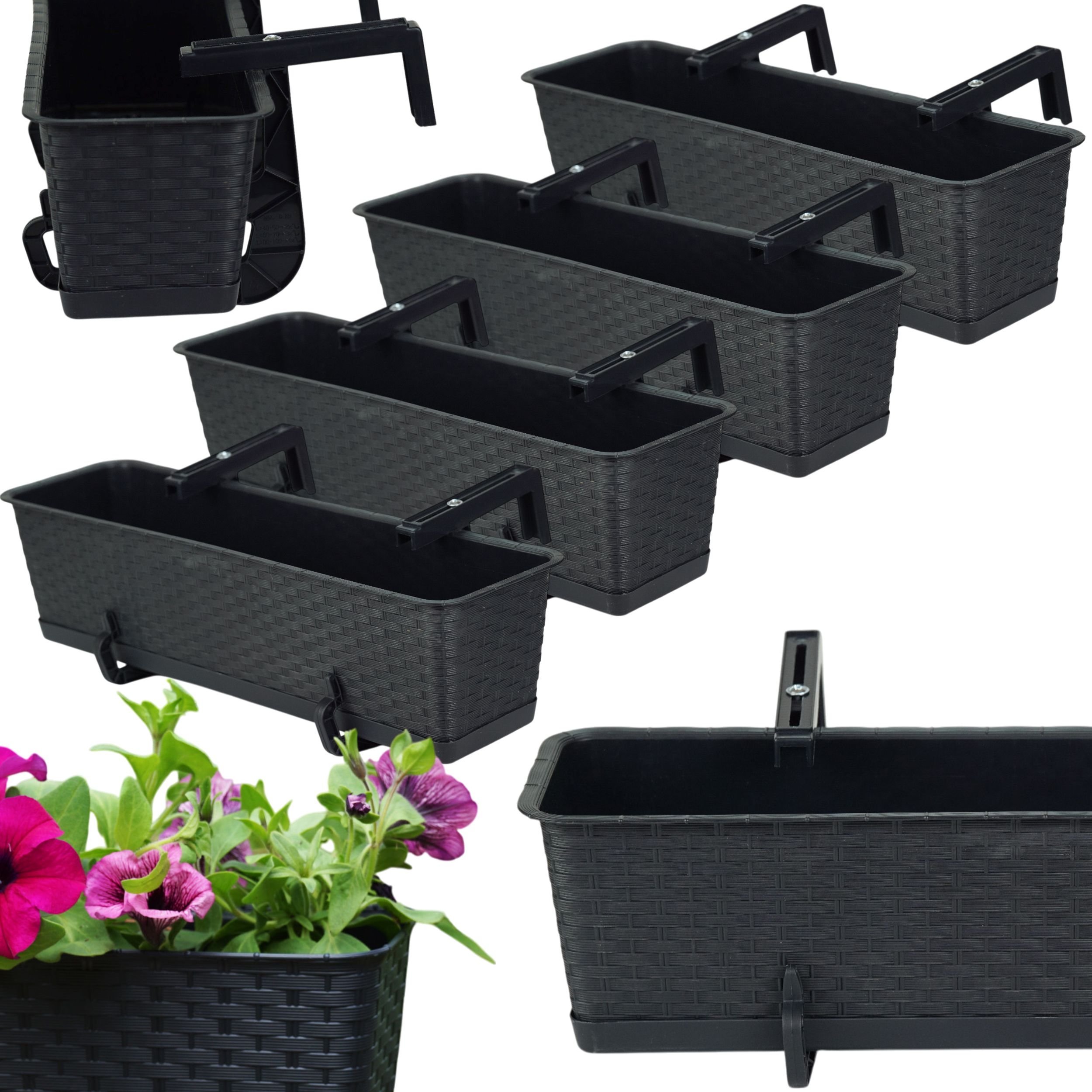 4x Skrzynka balkonowa Ratolla z podstawką ISR600P Doniczka prostokątna + uchwyty