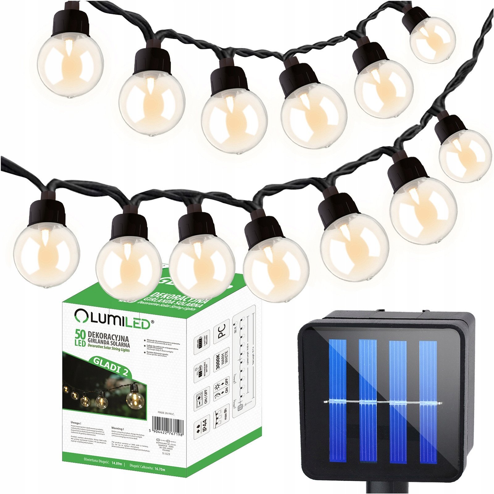 Girlanda solarna ogrodowa GLADI 2 50LED G40 16,7 m LUMILED