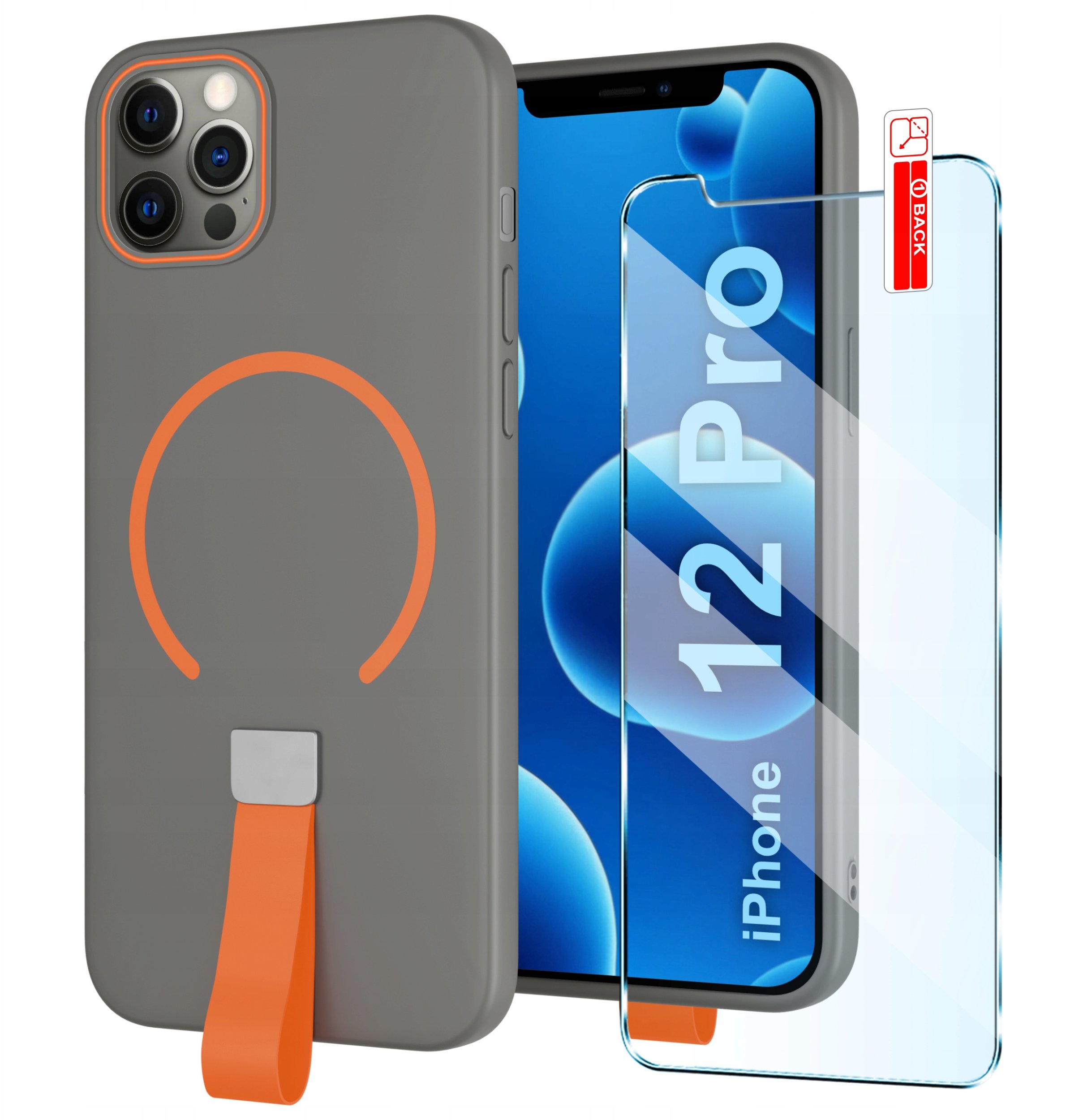 Etui z Paskiem na palec Matowe SZARE do iPhone 12 Pro |do MagSafe +Szkło