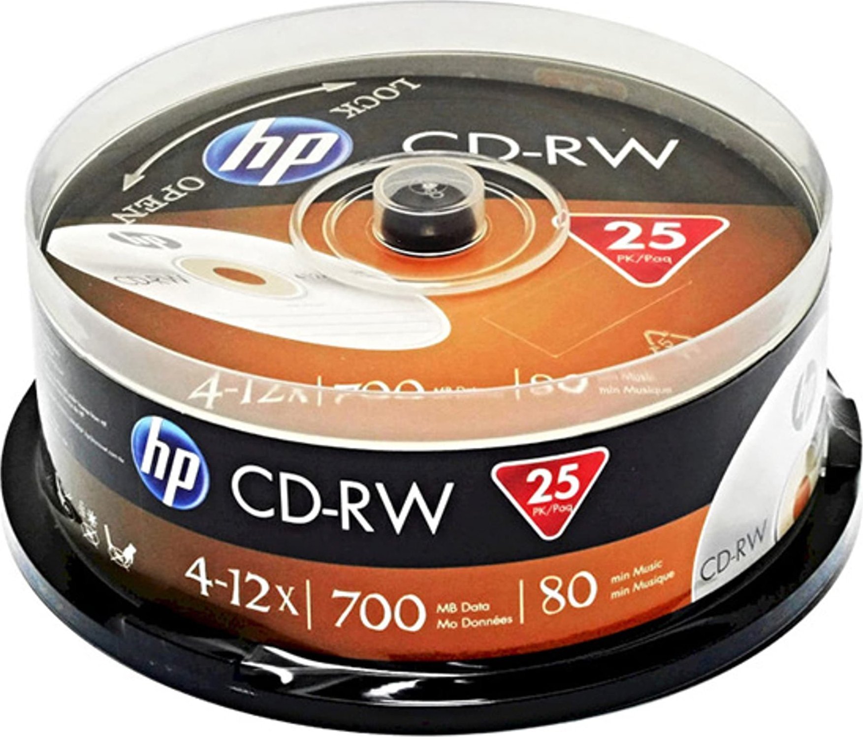 HP HP CD-RW, CWE00019-3, 69313, 25-pack, 700MB, 4-12x, 80min., 12cm, bez możliwości nadruku, cake box, do archiwizacji danych