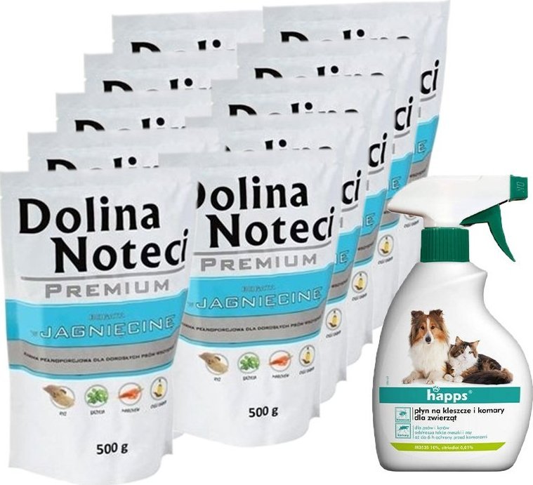 Dolina Noteci Dolina Noteci PREMIUM bogata w jagnięcinę 10x500g + HAPPS - płyn na kleszcze i komary dla zwierząt 200ml