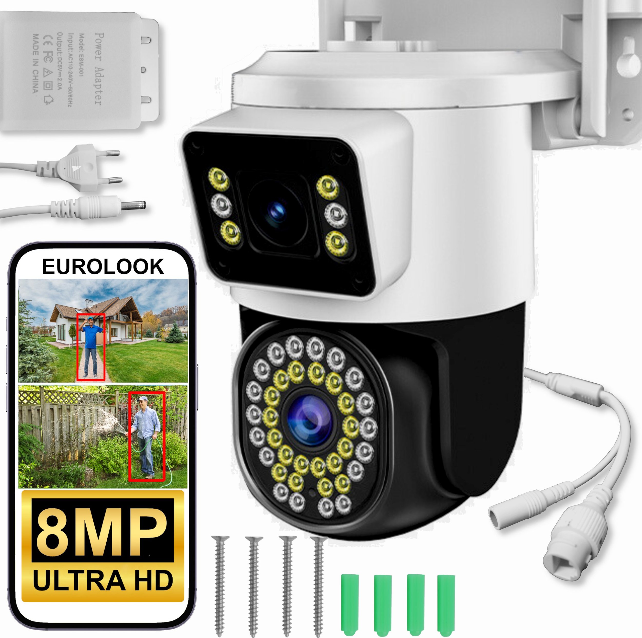 PODWÓJNA KAMERA WIFI IP 8MPX UHD ULTRAHD OBROTOWA ZEWNĘTRZNA APLIKACJA LED