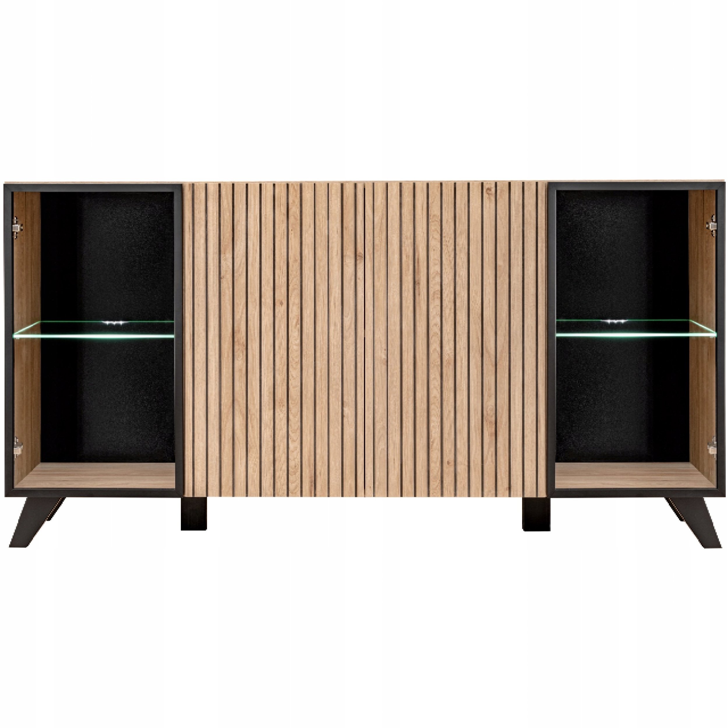 Pojemna KOMODA LIAM 4D - Przeszklona + Oświetlenie LED | Dąb + Czarny Mat
