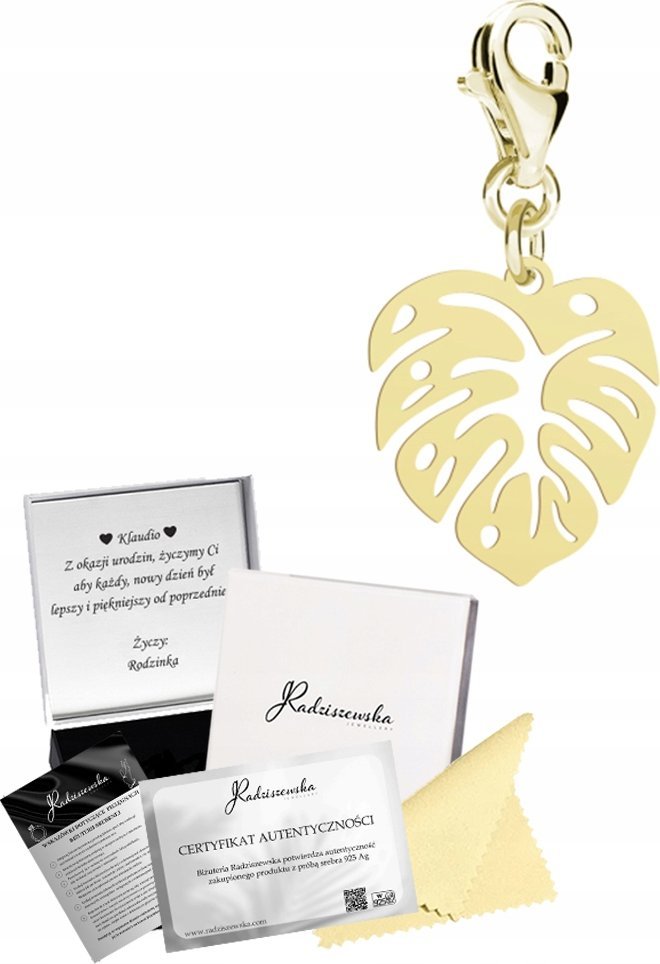 Radziszewska Jewellery Charms Pozłacany Monstera Srebro 925 Prezent Kobieta Biżuteria ŻYCZENIA