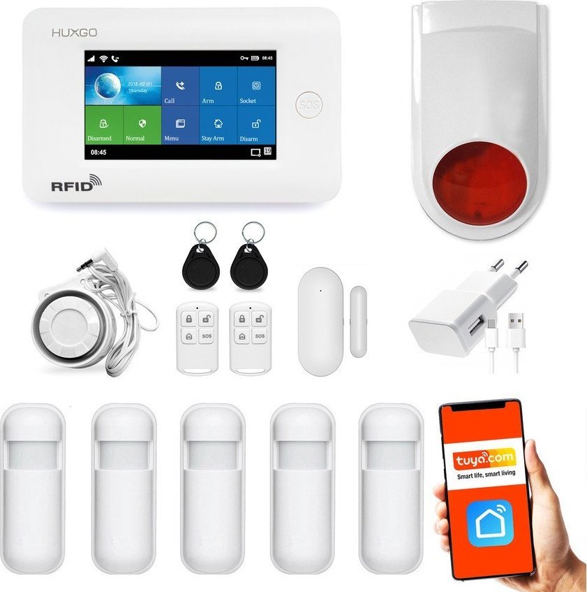 Huxgo Bezprzewodowy alarm GSM + WiFi HXA006 2G z aplikacją TUYA SMART - C5 + syrena bezprzewodowa