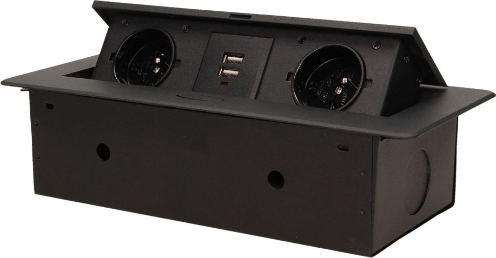 Orno Gniazdo meblowe wpuszczane w blat z płaskim frezowanym rantem i ładowarką USB, 2x2P+Z, 2xUSB, czarny