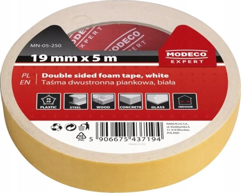 EXPERT TAŚMA DWUSTRONNA PIANKOWA BIAŁA 19 MM X 5 M [EXPERT] - 1sz